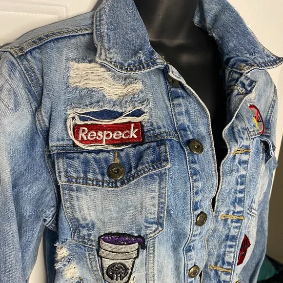 Born Fly Blue Jean Distressed Patch Jacket - Picture 3 of 7